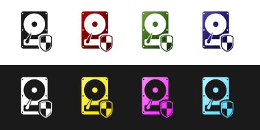 Sabit disk sürücüsü Hdd koruma simgesini siyah beyaz arka planda yalıtılmış olarak ayarlayın. Vektör İllüstrasyonu