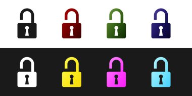 Siyah beyaz arka planda yalıtılmış açık asma kilit simgesini ayarlayın. Kilit işaretini açtı. Siber güvenlik konsepti. Dijital veri koruması. Güvenlik güvenliği. Vektör İllüstrasyonu