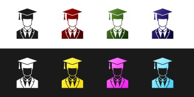 Siyah beyaz arka planda izole edilmiş gece elbisesi ve mezuniyet kapağı simgesi ile Erkek lisansüstü öğrenci profilini ayarlayın. Vektör İllüstrasyonu