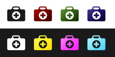 Siyah beyaz arkaplanda ilk yardım çantası simgesini ayır. Haçlı sağlık kutusu. Acil durumlar için tıbbi ekipman. Sağlık sigortası konsepti. Vektör İllüstrasyonu