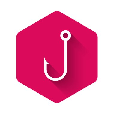 Uzun gölgeli beyaz balık oltası ikonu. Pembe altıgen düğmesi. Vektör İllüstrasyonu