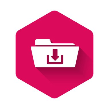 Beyaz Dizin indirme simgesi uzun gölgeli izole edildi. Pembe altıgen düğmesi. Vektör İllüstrasyonu