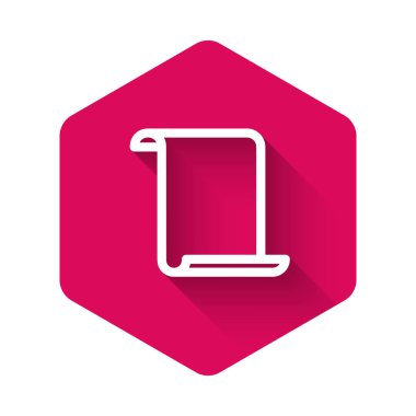 Beyaz kağıt kaydırma simgesi uzun gölgeli izole edilmiş. Tuvalin parşömen yazısı. Pembe altıgen düğmesi. Vektör İllüstrasyonu