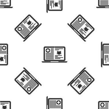 Dizüstü bilgisayar simgesi üzerinde Gri Tıbbi klinik kayıt kedi beyaz arka plan üzerinde izole kesintisiz desen. Sağlık sigortası formu. Reçete, tıbbi kontrol izleri raporu. Vektör İllüstrasyonu