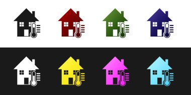 House sıcaklık simgesini siyah beyaz arka planda yalıtılmış olarak ayarlayın. Termometre simgesi. Vektör İllüstrasyonu