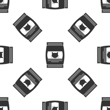 Kedi simgesi için gri gıda Torbası beyaz arka plan üzerinde izole dikişsiz desen. Hayvanlar için yiyecek. Evcil hayvan yiyecek paketi. Vektör İllüstrasyonu