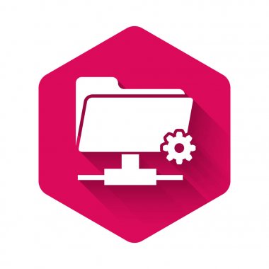 Beyaz Ftp ayarları dizin simgesi uzun gölge ile izole edildi. Yazılım güncelleme, transfer protokolü, yönlendirici, takım çalışması araç yönetimi, kopyalama süreci kavramı. Pembe altıgen düğmesi. Vektör İllüstrasyonu