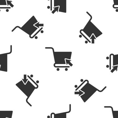 Beyaz arka plan üzerinde imleç simgesi izole dikişsiz desen ile Gri Alışveriş sepeti. Online satın alma konsepti. Teslimat hizmeti işareti. Süpermarket sepeti sembolü. Vektör İllüstrasyonu