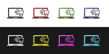 Alışveriş arabasını siyah beyaz arkaplanda izole edilmiş bilgisayar simgesine ayarla. Konsept e-ticaret, e-ticaret, online iş pazarlama. Vektör İllüstrasyonu
