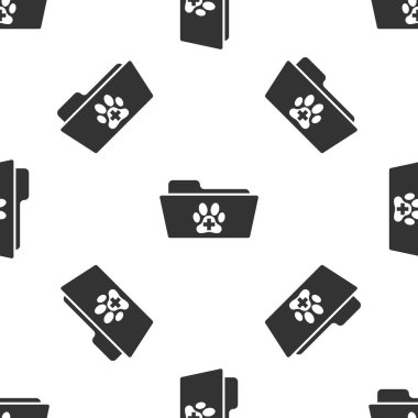 Gri Tıbbi veteriner kayıt klasörü simgesi beyaz arka plan üzerinde sorunsuz desen izole. Köpek ya da kedi pençesi izi. Evcil hayvan için belge. Hasta dosya simgesi. Vektör İllüstrasyonu
