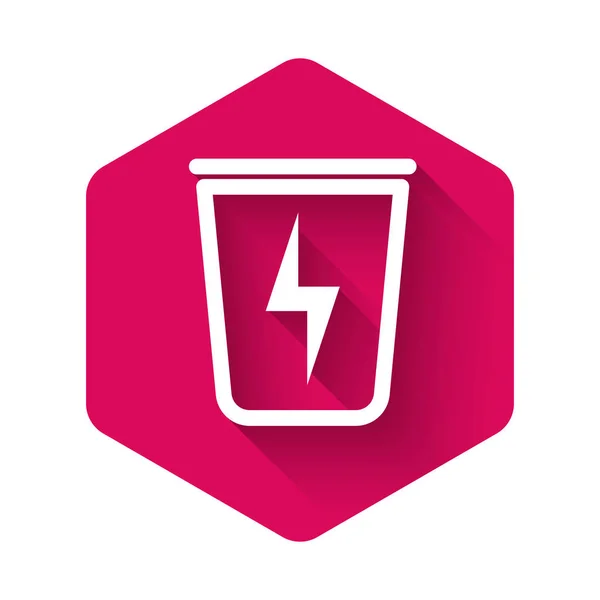 White Lightning with trash can icon isolated with long shadow. Waste to energy. Garbage bin sign. Recycle basket sign. Pink hexagon button. Vector Illustration — ストックベクタ