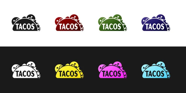 Definir Taco com ícone de tortilla isolado em fundo preto e branco. Comida tradicional mexicana. Ilustração vetorial —  Vetores de Stock