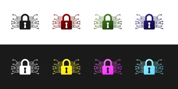 Setzen Cyber-Sicherheitssymbol isoliert auf schwarzem und weißem Hintergrund. geschlossenes Vorhängeschloss auf Digitalplatine. Sicherheitskonzept. Digitaler Datenschutz. Vektorillustration — Stockvektor
