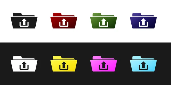 Ordner-Upload-Symbol isoliert auf schwarzem und weißem Hintergrund setzen. Vektorillustration — Stockvektor