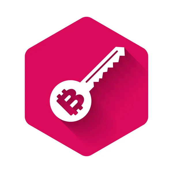 White Cryptocurrency key icon isolated with long shadow. Concept of cyber security or private key, digital key with technology interface. Pink hexagon button. Vector Illustration — 스톡 벡터