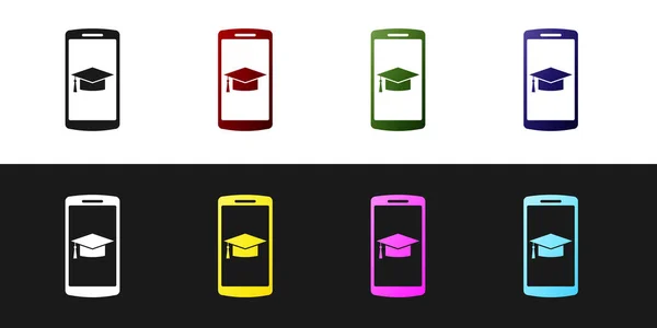 Definir a tampa de graduação no ícone do smartphone tela isolada no fundo preto e branco. Aprendizagem online ou conceito de e-learning. Ilustração vetorial — Vetor de Stock