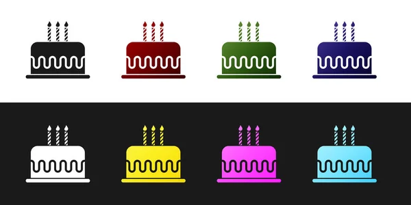 Set Kuchen mit brennenden Kerzen Symbol isoliert auf schwarz-weißem Hintergrund. Alles Gute zum Geburtstag. Vektorillustration — Stockvektor
