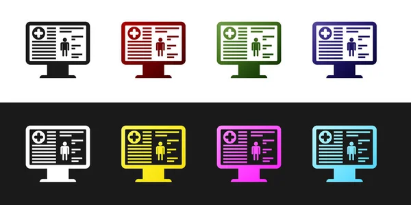 Setzen medizinische Aufzeichnungen auf Monitor-Symbol isoliert auf schwarz-weißem Hintergrund. Krankenversicherungsformular. Verschreibungspflichtig, berichten medizinische Prüfzeichen. Vektorillustration — Stockvektor