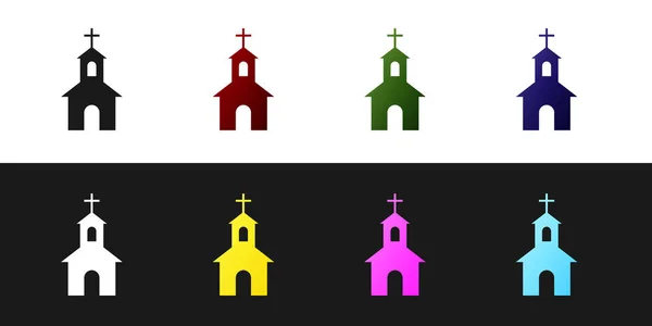 Placez l'icône du bâtiment de l'église isolée sur fond noir et blanc. Église chrétienne. Religion d'église. Illustration vectorielle — Image vectorielle