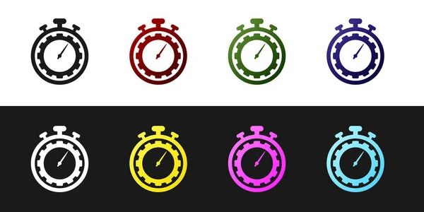 Defina o ícone Gerenciamento de Tempo isolado no fundo preto e branco. Relógio e sinal de marcha. Símbolo de produtividade. Ilustração vetorial — Vetor de Stock