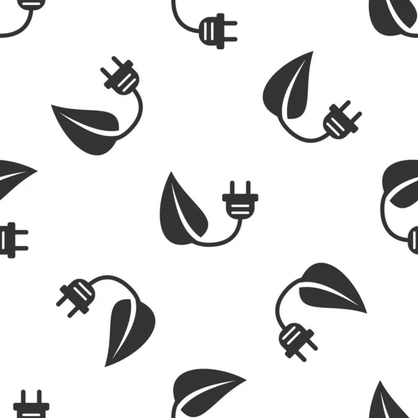 Grey Electric saving plug in leaf icon isolated seamless pattern on white background. Save energy electricity icon. Environmental protection icon. Bio energy. Vector Illustration — Stock Vector