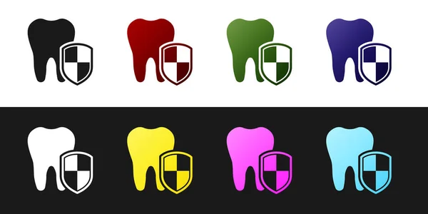 Set Icono de protección dental aislado sobre fondo blanco y negro. Diente con logo de escudo. Ilustración vectorial — Vector de stock