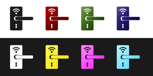 Definir fechadura de porta digital com tecnologia sem fio para ícone de desbloqueio isolado no fundo preto e branco. Sinal da maçaneta. Segurança inteligente casa de conceito. Ilustração vetorial — Vetor de Stock