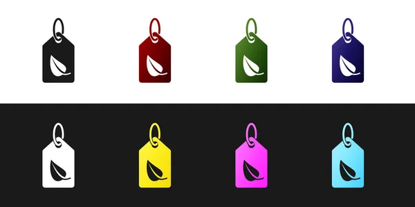 Set-Tag mit Blattsymbol-Symbol isoliert auf schwarz-weißem Hintergrund. Banner, Etikett, Etikett, Logo, Aufkleber für Ökogrün. Vektorillustration — Stockvektor