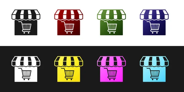 Set winkel gebouw of markt winkel met icoon van de winkelwagen geïsoleerd op zwart-wit achtergrond. Winkel bouw. Supermarkt mand symbool. Vector illustratie — Stockvector