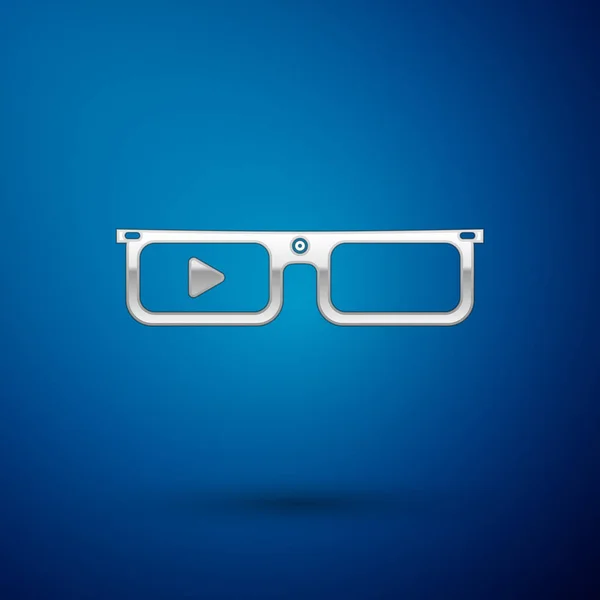 青い背景に隔離された眼鏡アイコンに取り付けられたシルバースマートメガネ。カメラとディスプレイを備えたウェアラブルエレクトロニクススマートメガネ。ベクトルイラストレーション — ストックベクタ