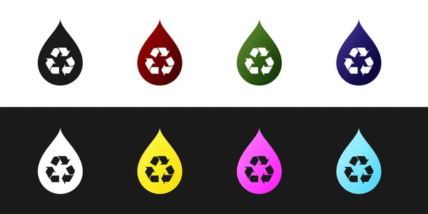 Set Recycle clean aqua ikon elszigetelt fekete-fehér háttér. Vízcsepp táblás újrahasznosítással. Vektorillusztráció — Stock Vector