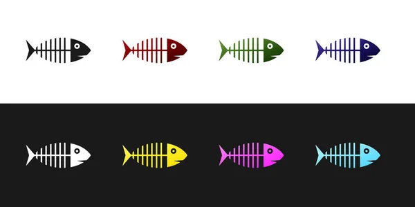 Set Fish skeleton icon isolated on black and white background. Fish bone sign. Vector Illustration — Stock Vector