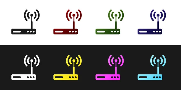 Router und WLAN-Signalsymbol auf schwarz-weißem Hintergrund isoliert setzen. drahtloser Ethernet-Modem-Router. Computertechnologie Internet. Vektorillustration — Stockvektor