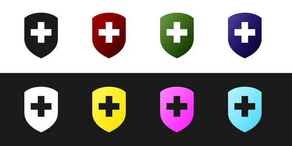 Set Escudo médico con icono de cruz aislado sobre fondo blanco y negro. Concepto de protección de la salud Icono de placa de seguridad. Banner de privacidad. Etiqueta de seguridad. Ilustración vectorial — Archivo Imágenes Vectoriales