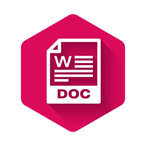 White DOC file document icon. Download doc button icon isolated with long shadow. DOC file extension symbol. Pink hexagon button. Vector Illustration — ストックベクタ