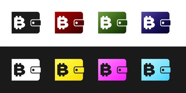 Definir ícone carteira criptomoeda isolado no fundo preto e branco. Carteira e sinal de bitcoin. Conceito de mineração. Dinheiro, pagamento, dinheiro, ícone de pagamento. Ilustração vetorial —  Vetores de Stock