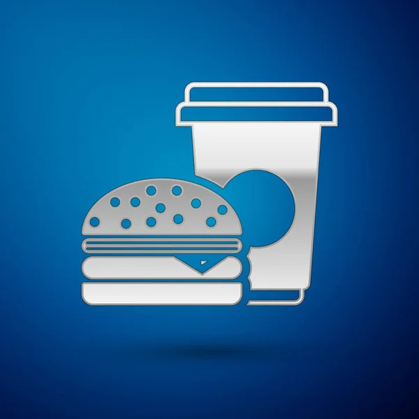 Silver kaffe och Burger Icon isolerad på blå bakgrund. Snabb mat symbol. Vektor illustration — Stock vektor
