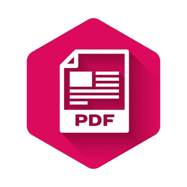 Icona documento PDF bianco. Scarica l'icona del pulsante pdf isolato con lunga ombra. Simbolo file PDF. Bottone esagonale rosa. Illustrazione vettoriale — Vettoriale Stock