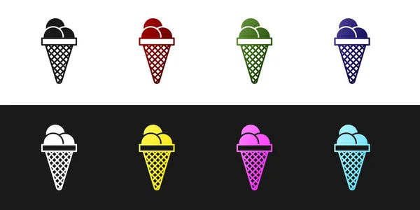 Nastavte zmrzlinu ve ikoně Vaflové kužele izolované na černém a bílém podkladu. Sladký symbol. Vektorová ilustrace — Stockový vektor