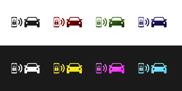 Establecer Smart coche icono del sistema de alarma aislado en fondo blanco y negro. El teléfono inteligente controla la seguridad del coche en el inalámbrico. Ilustración vectorial — Vector de stock