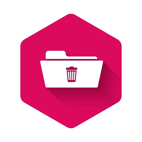 White Delete folder icon isolated with long shadow. Folder with recycle bin. Delete or error folder. Close computer information folder sign. Pink hexagon button. Vector Illustration — ストックベクタ