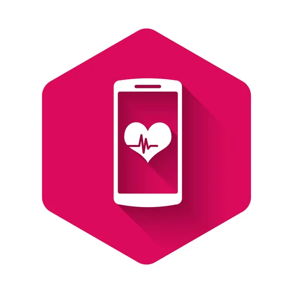 White Smartphone with heart rate monitor function icon isolated with long shadow. Pink hexagon button. Vector Illustration — Stock Vector