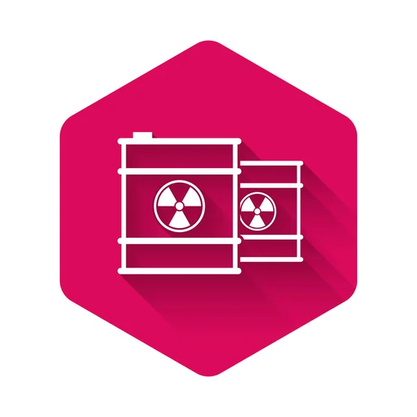 White Radioactive waste in barrel line icon isolated with long shadow. Toxic refuse keg. Radioactive garbage emissions, environmental pollution. Pink hexagon button. Vector Illustration — Stock Vector