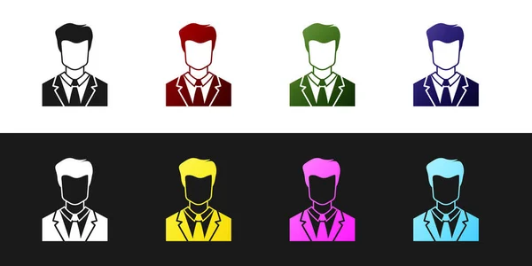 Set Usuario de hombre en traje de negocios icono aislado sobre fondo blanco y negro. Símbolo de avatar de negocios - icono de perfil de usuario. Señal de usuario masculino. Ilustración vectorial — Archivo Imágenes Vectoriales