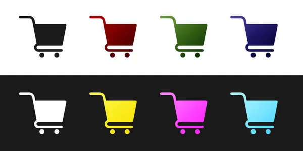 Set Icono de carrito de compras aislado sobre fondo blanco y negro. Concepto de compra en línea. Señal de entrega. Símbolo de cesta de supermercado. Ilustración vectorial — Archivo Imágenes Vectoriales