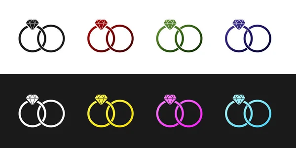 Set Wedding rings icon isolated on black and white background. Bride and groom jewelery sign. Marriage icon. Diamond ring. Vector Illustration — Stock Vector
