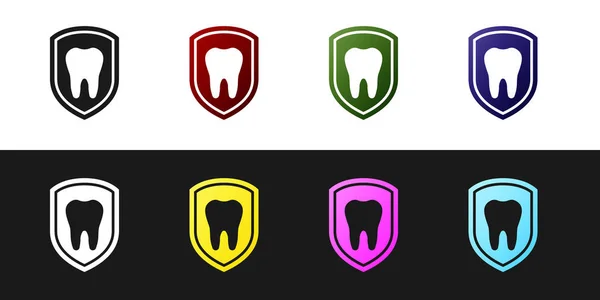 Definir ícone de proteção dentária isolado no fundo preto e branco. Dente no ícone do logotipo do escudo. Ilustração vetorial — Vetor de Stock