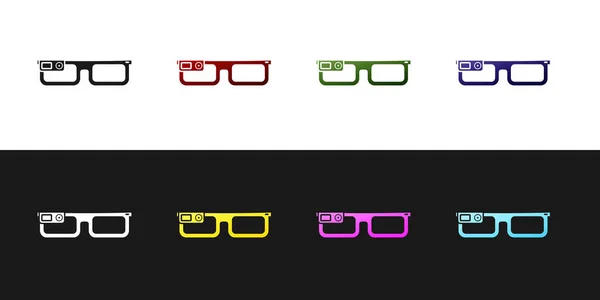 Set Gafas inteligentes montadas sobre un icono de gafas aisladas sobre fondo blanco y negro. Gafas inteligentes de electrónica portátil con cámara y pantalla. Ilustración vectorial — Vector de stock