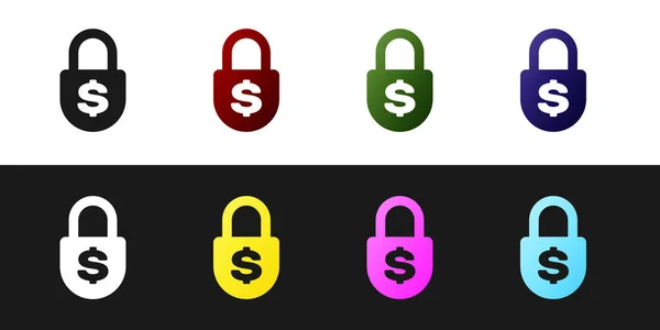 设置在黑白背景上隔离的金钱锁定图标。挂锁和美元符号。财务、安全、安全、保护、隐私理念。矢量插图 — 图库矢量图片