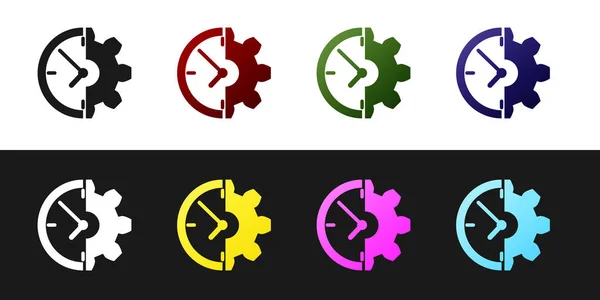 Réglez l'icône Horloge et engrenage isolée sur fond noir et blanc. Symbole de gestion du temps. Concept d'entreprise. Illustration vectorielle — Image vectorielle